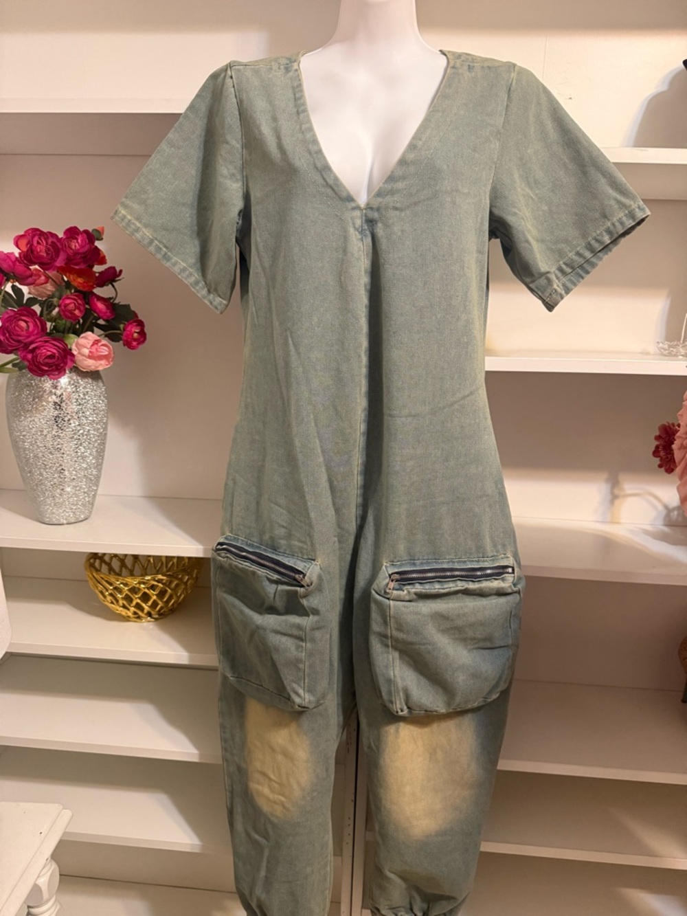 Washed Blue Utility Jumpsuit - Women L - Picture 4 of 9